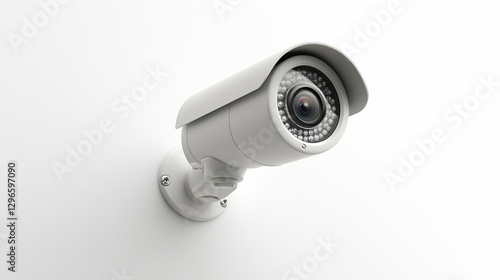 White security camera mounted on wall, blank background, surveillance