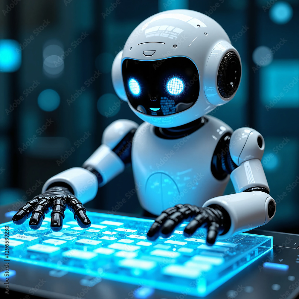 custom made wallpaper toronto digitalA friendly and expressive robot typing quickly on a holographic keyboard