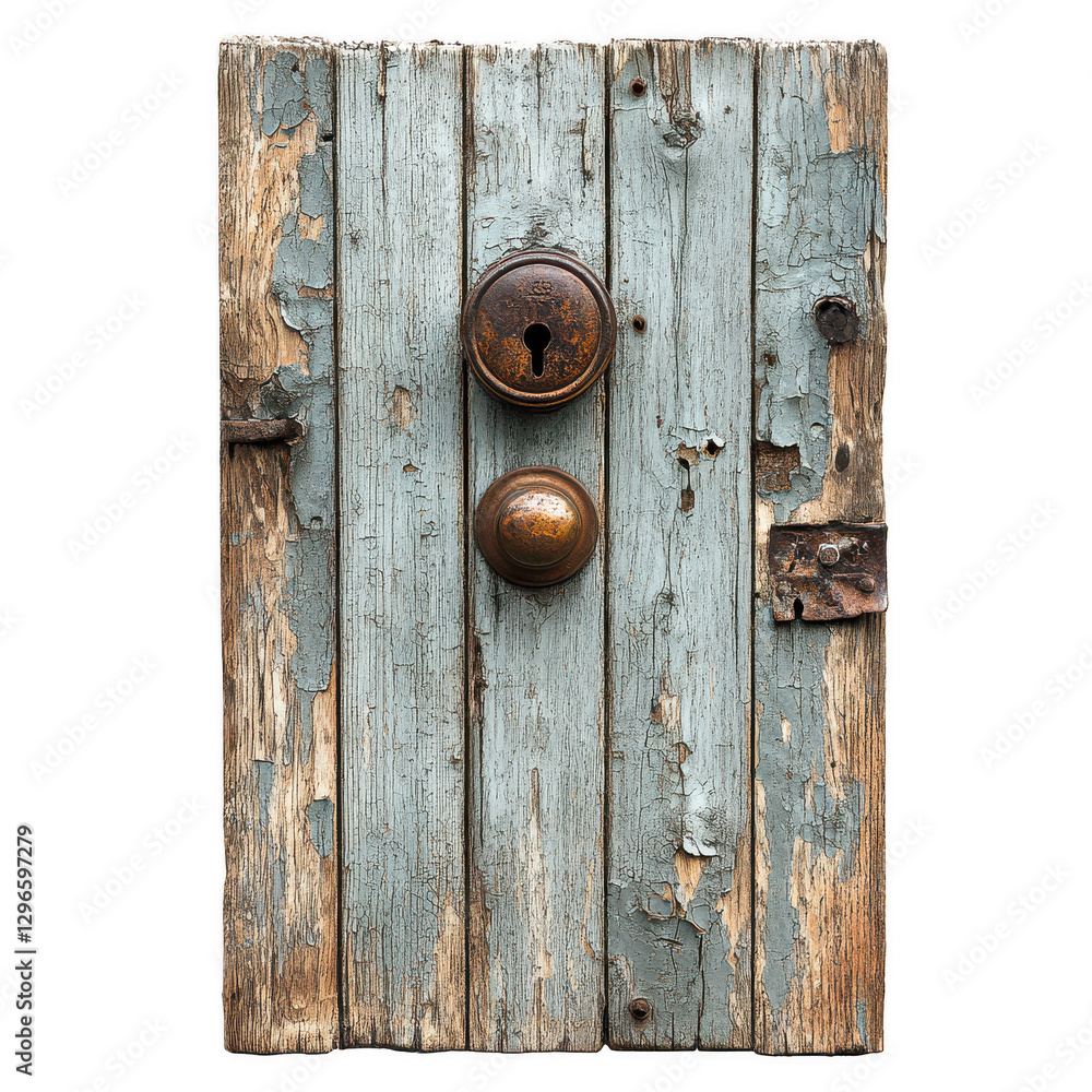 A faded wooden door with a rusty doorknob and cracks isolated on white background.PNG A faded wooden door with a rusty doorknob and cracks isolated on white background.PNG