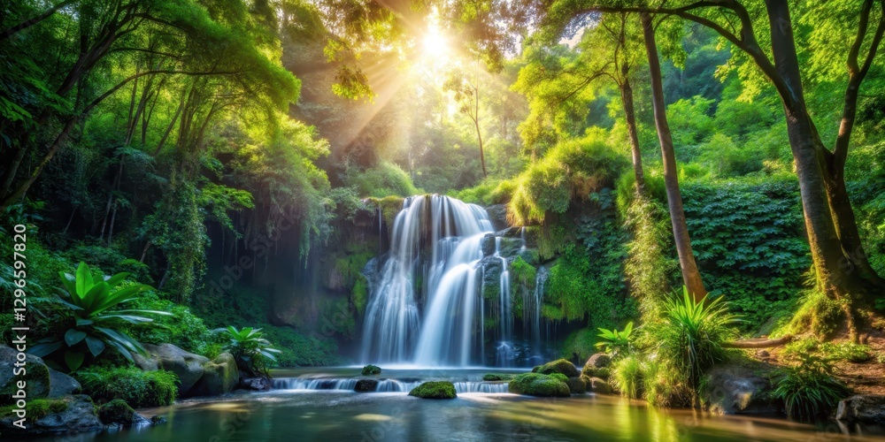 Fototapeta premium Waterfall surrounded by dense foliage and vibrant greenery with sunlight filtering through the trees, creating a dappled effect on the forest floor , dappled, sunlight