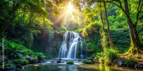 Waterfall surrounded by dense foliage and vibrant greenery with sunlight filtering through the trees, creating a dappled effect on the forest floor , dappled, sunlight
