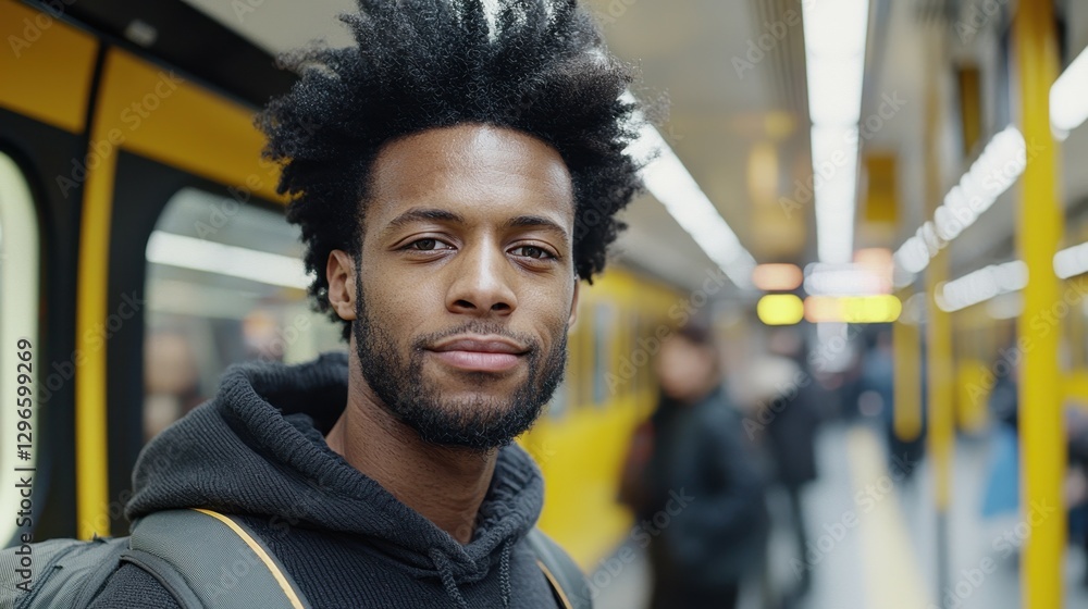 Fototapeta premium A young man with curly hair stands inside a subway train, wearing a hoodie and carrying a backpack. He looks directly at the camera, surrounded by fellow commuters