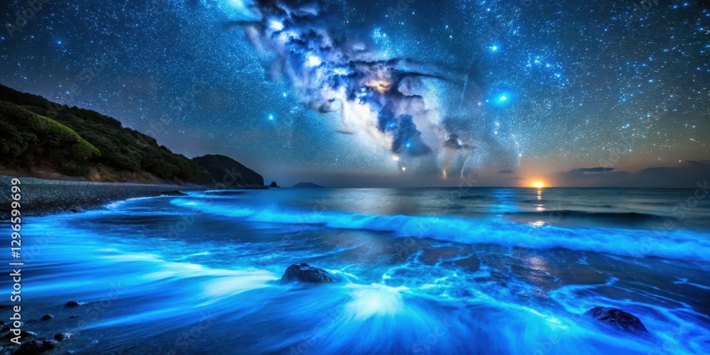 Bioluminescent Noctiluca scintillating under starry sky in Matsu oceanic waves, blue sparks Bioluminescent Noctiluca scintillating under starry sky in Matsu oceanic waves, blue sparks