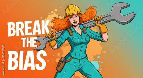 An illustration of a woman in a construction helmet, holding a wrench, with a 'Break the Bias' slogan