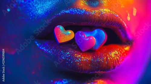 Close-up of glittering lips with neon heart shapes in vibrant colors. photo