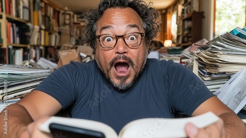 A man sits in a home library overwhelmed by books and papers. His face shows shock and excitement as he reads a book, captivated by its content