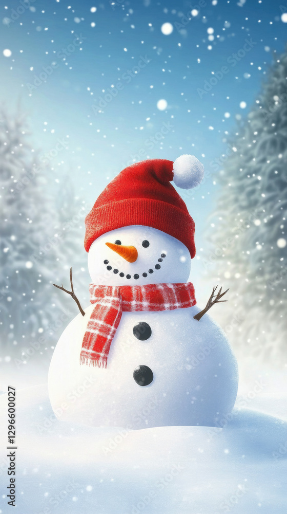 Fototapeta premium Cute snowman with a yellow hat and scarf in a snowy scene.