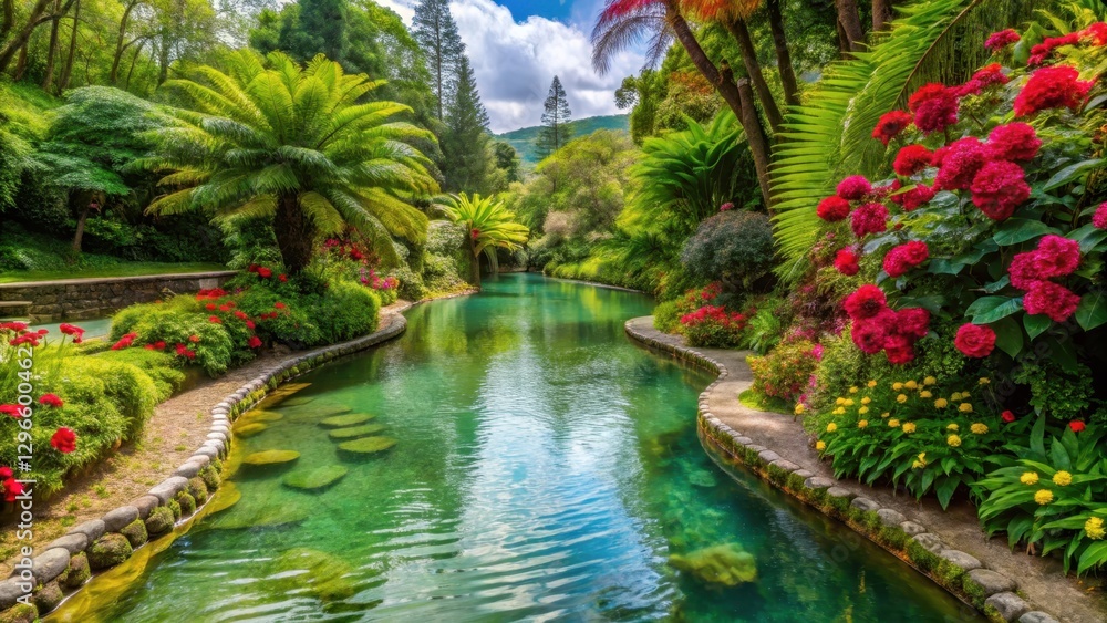 Serene hot spring waters flowing gently through lush greenery and vibrant flowers in a beautiful botanical garden on the island of Sao Miguel, botanical garden, soothing waters Serene hot spring waters flowing gently through lush greenery and vibrant flowers in a beautiful botanical garden on the island of Sao Miguel, botanical garden, soothing waters