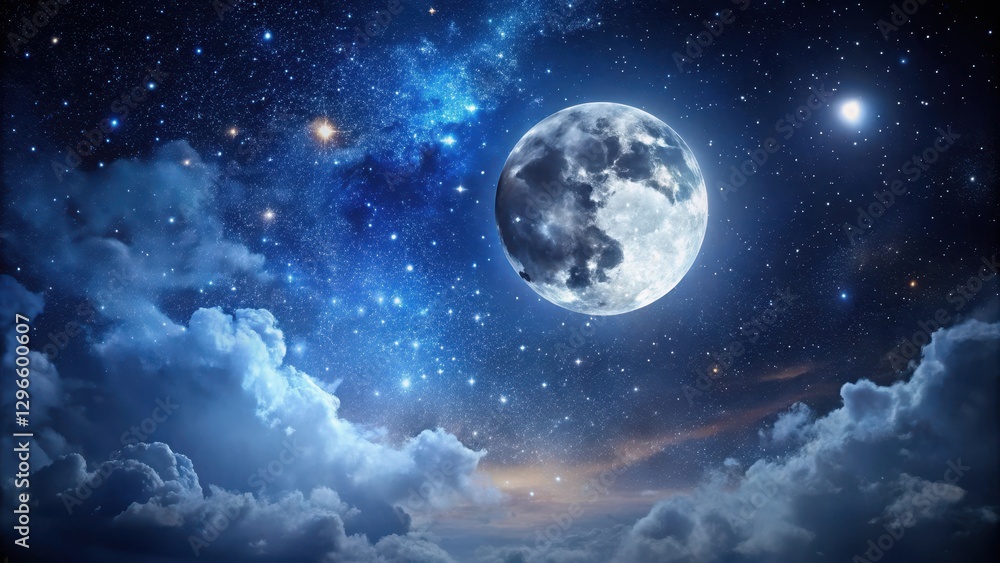 Fototapeta premium Dark Night Sky with Full Moon and Stars , astronomy, darkness, astronomy, darkness, cosmos