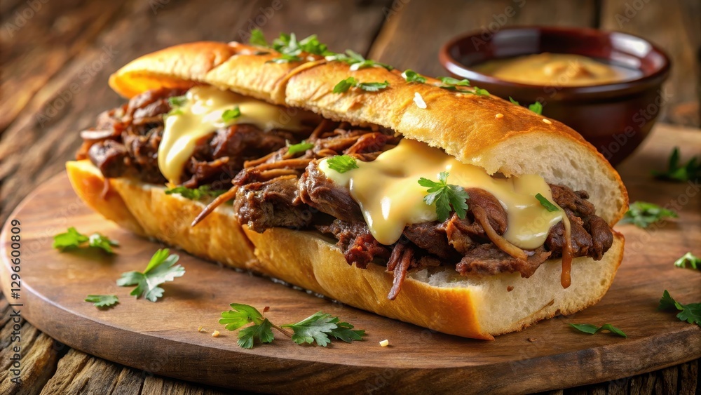 Tender beef short ribs or roast beef on a crusty baguette with melted cheese and au jus for dipping Tender beef short ribs or roast beef on a crusty baguette with melted cheese and au jus for dipping