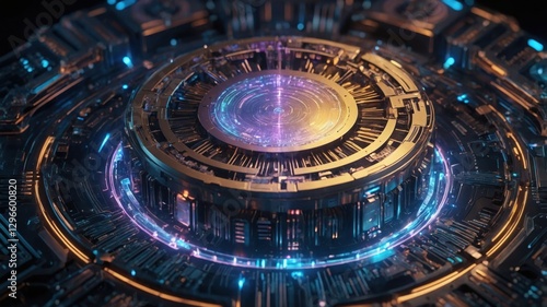 Futuristic AI core design with vibrant glowing elements and intricate circuit patterns showcasing advanced technology