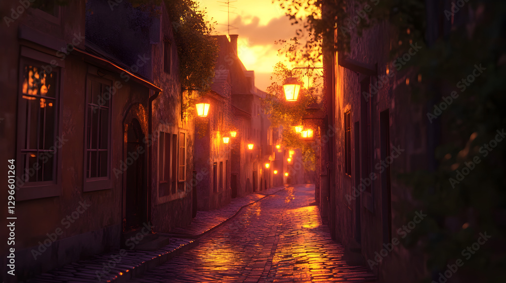 Obraz premium European street at sunset with glowing lanterns and impressionistic reflections on cobblestone roads 