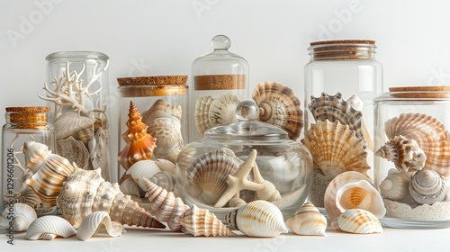 A collection of decorative glass jars filled with assorted seashells, displayed against a white background. 