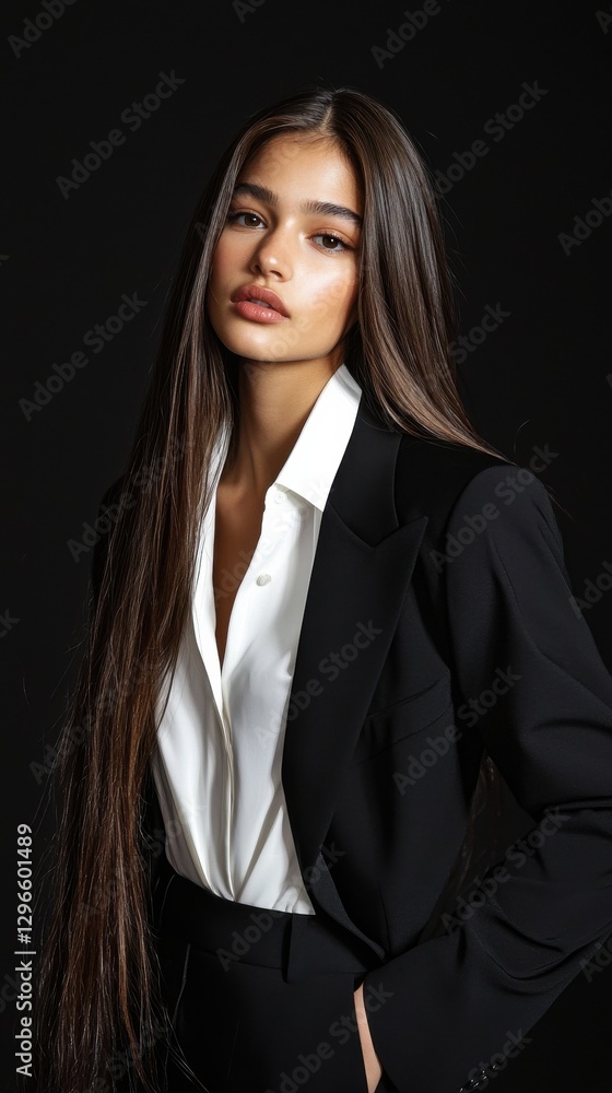 A woman with long hair is wearing a black suit and white shirt A woman with long hair is wearing a black suit and white shirt