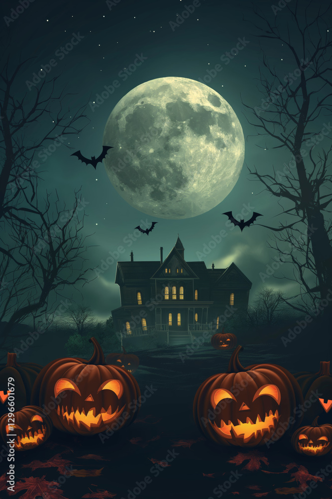 Haunted House in a Dark Forest with Full Moon – Halloween Concept Haunted House in a Dark Forest with Full Moon – Halloween Concept