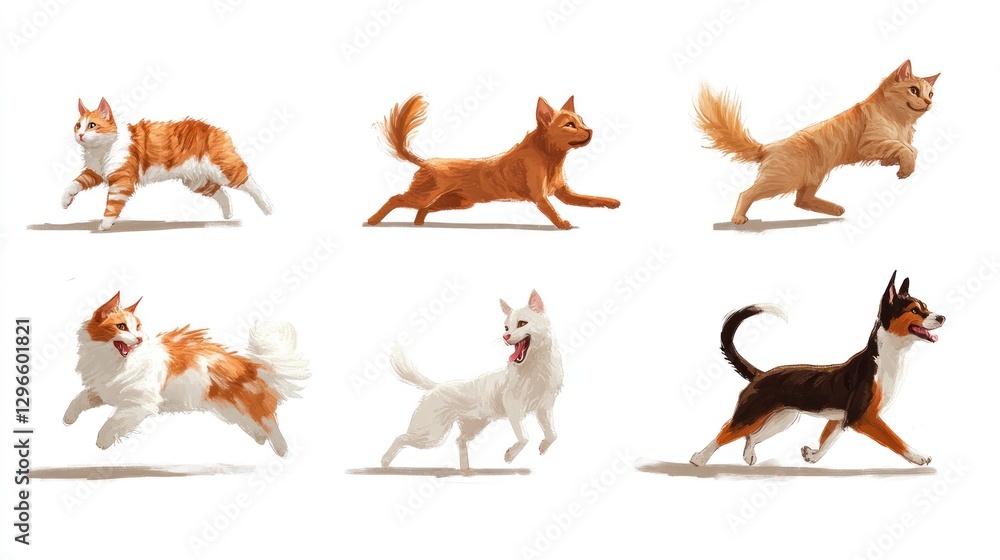 Cats Dogs Running Isolated Plain Background Cats Dogs Running Isolated Plain Background
