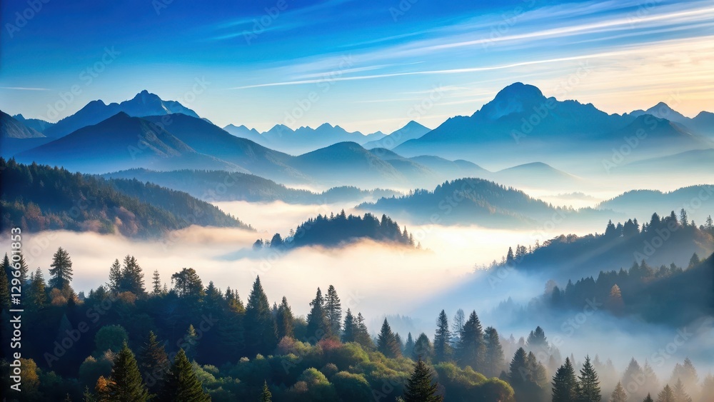 Obraz premium A misty mountain range set against a soft blue sky with a gentle gradient effect, conveying the mystical atmosphere of a serene wilderness scene , gradient, landscape