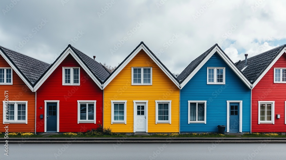 A row of identical minimalist houses, except one in a bold color A row of identical minimalist houses, except one in a bold color