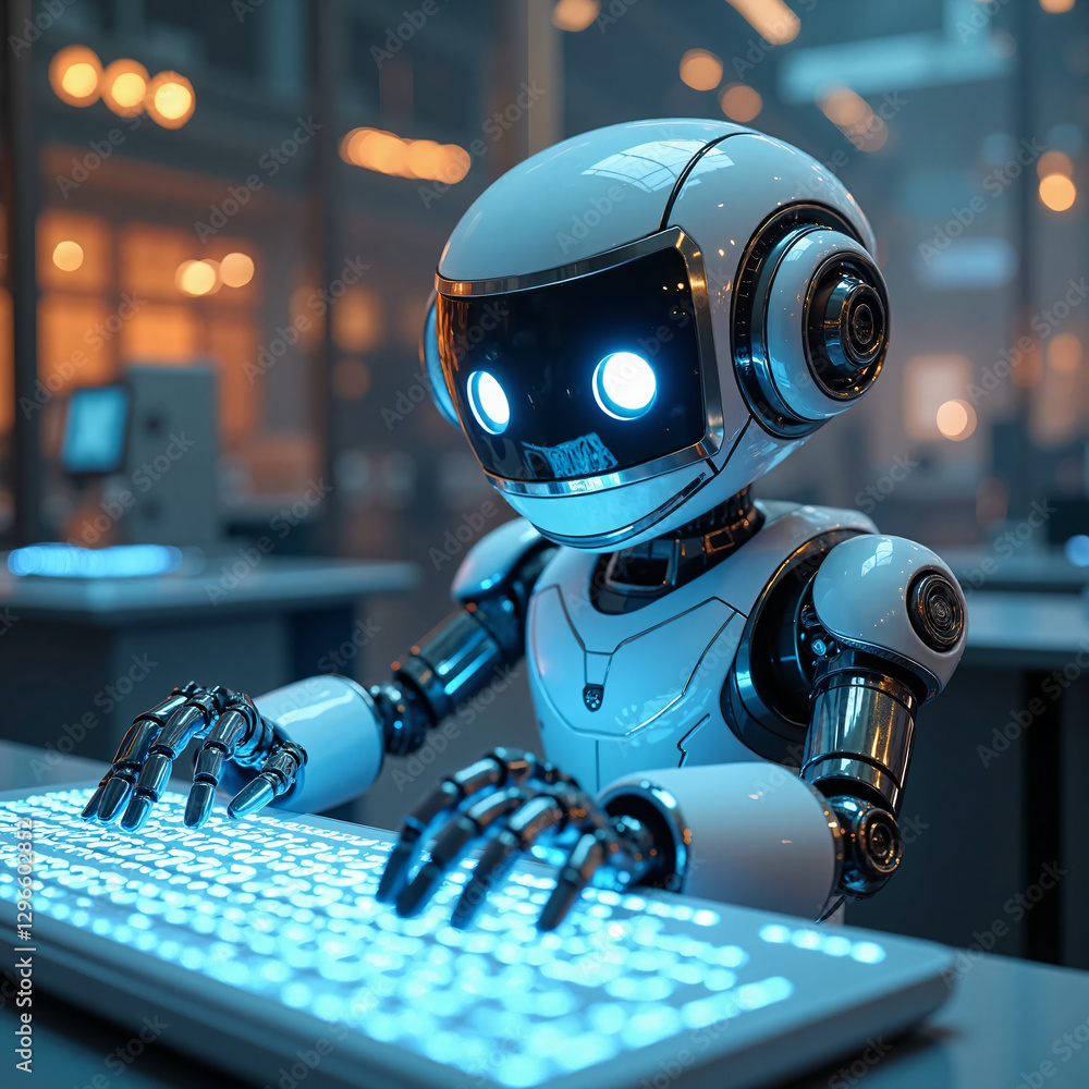 custom made wallpaper toronto digitalA friendly and expressive robot typing quickly on a holographic keyboard