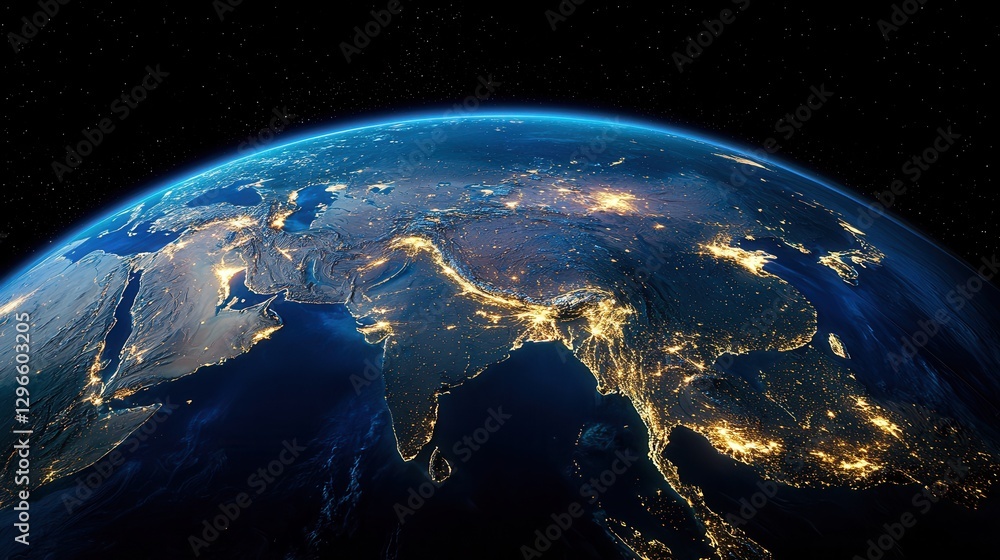 Fototapeta premium Aerial view of earth illuminated at night showcasing city lights and natural features