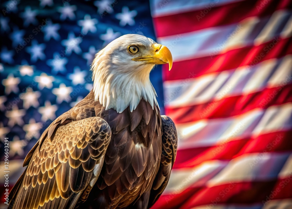 Fototapeta premium Majestic Bald Eagle with American Flag - Patriotism & Wildlife Stock Photo