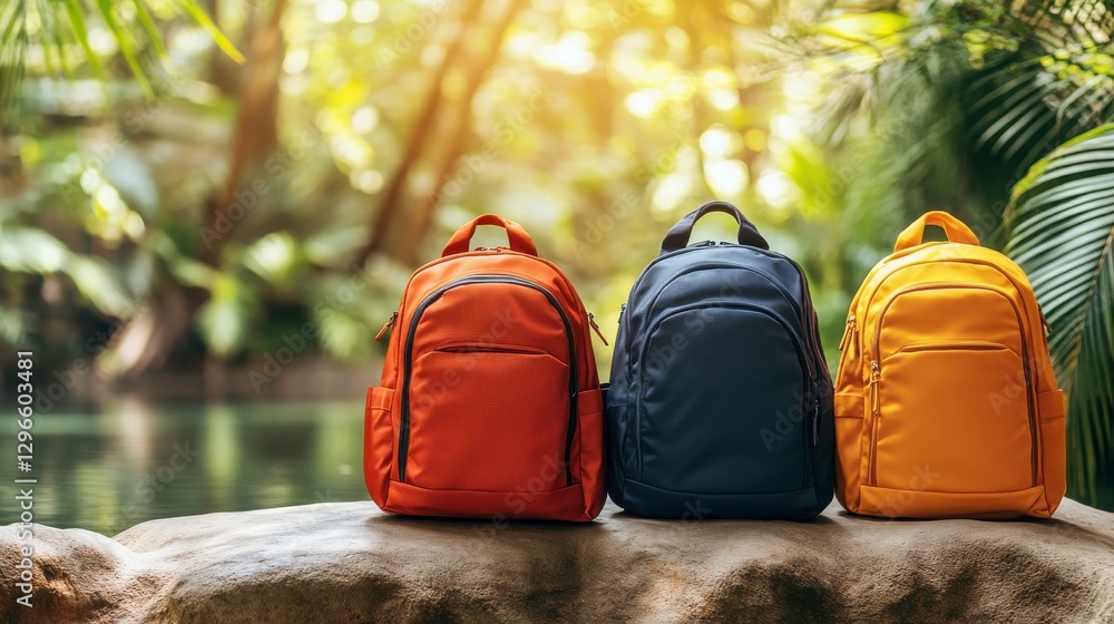 Vibrant Backpacks in Nature Setting