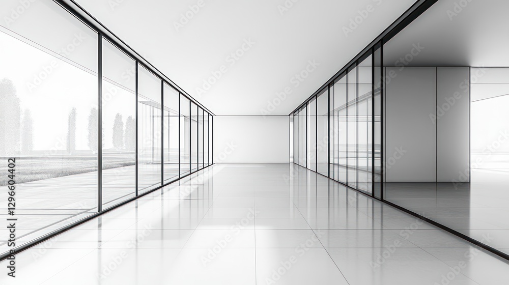 Fototapeta premium Modern office hallway with city view. Suitable for architectural renderings
