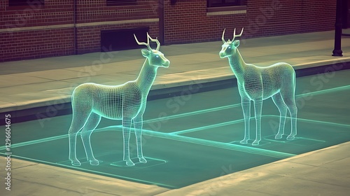 Two digital deer stand on a city street with a brick building