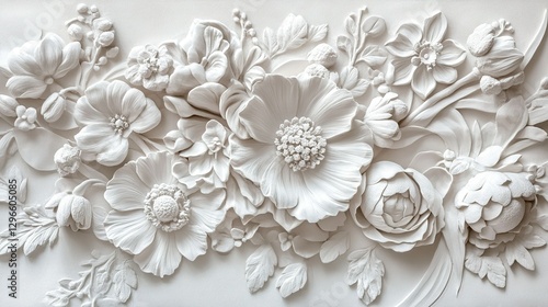 illustration an intricate white bas-relief sculpture of flowers on a wall