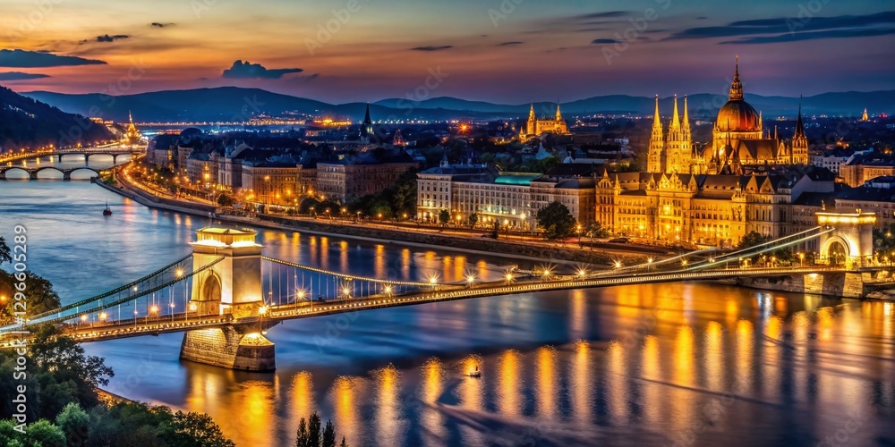 Naklejka premium Majestic Budapest Architecture at Night: Illuminated Buildings & Danube River