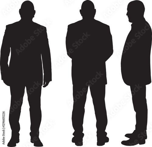 vector; silhouette;front, back and side view of same man standing