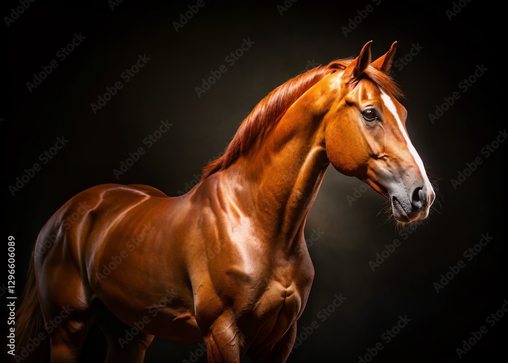 Fototapeta premium Majestic Chestnut Horse in Low Light, Isolated on Black