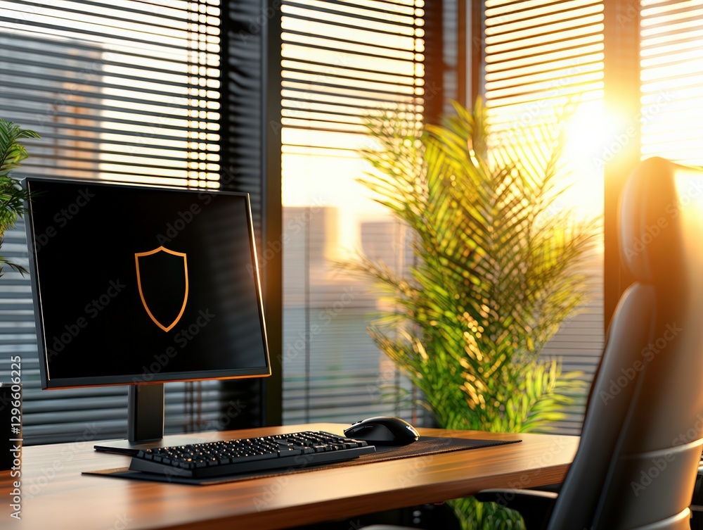 Fototapeta premium Modern Office Workspace with Computer and Plant Bathed in Warm Sunset Light