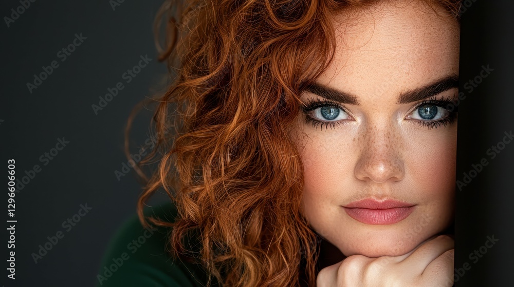 Naklejka premium A young woman with curly red hair and bright blue eyes gazes thoughtfully at the viewer, her hand resting gently on her chin. Soft, natural light highlights her features