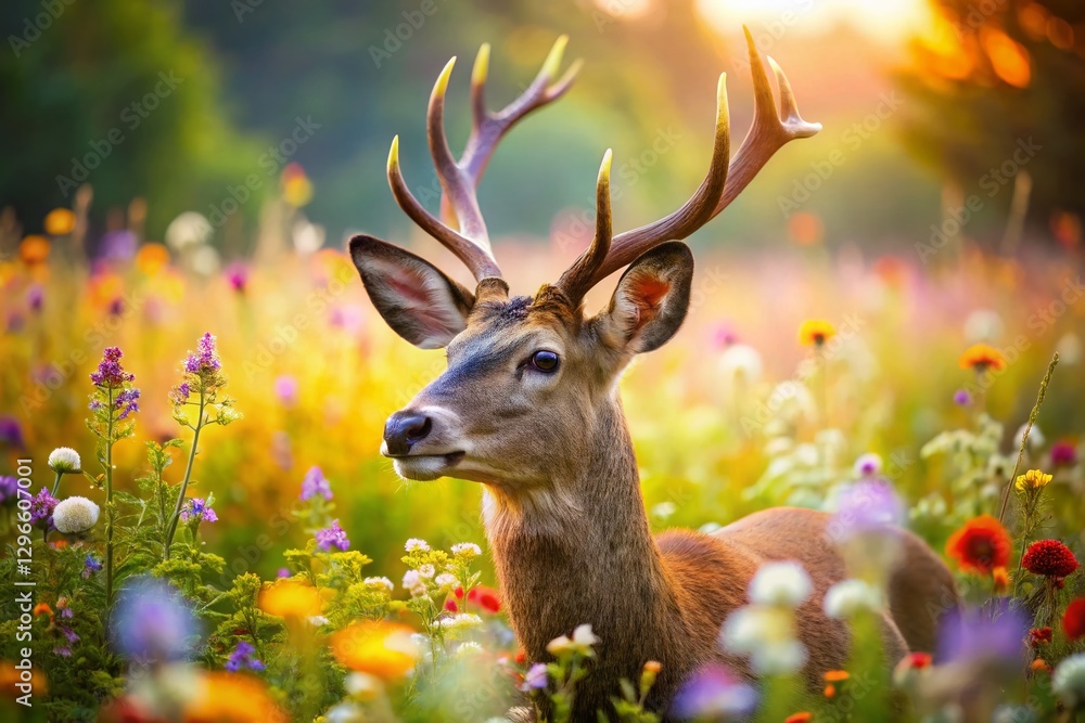 Fototapeta premium Majestic Deer in Blooming Wildflower Meadow - Spring Nature Photography