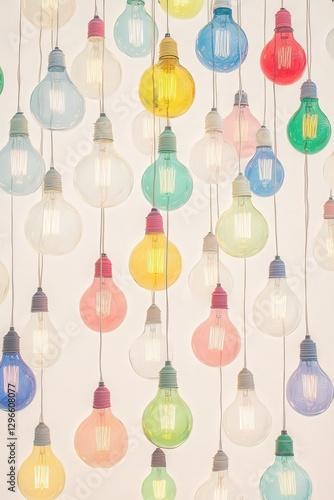 multicolored light bulbs arranged in a creative pattern, soft and vibrant illumination, high detail, cinematic portrait,