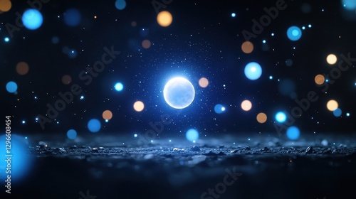 Full moon illuminated in a dark night sky with scattered clouds and twinkling stars shining brightly