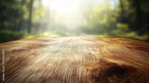 A simple wood table with a softly blurred background creating a minimalist and elegant scene