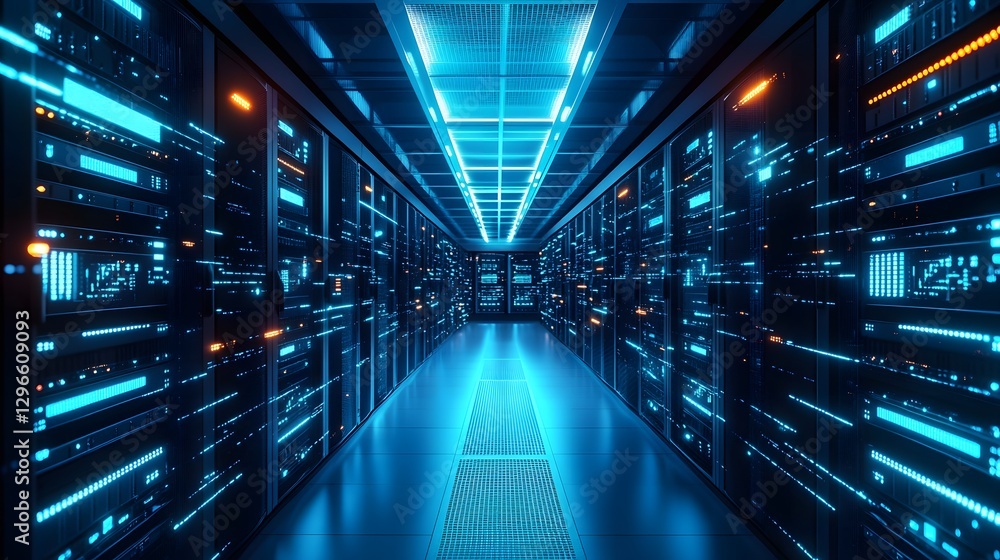 A visual of an iot server room with smart monitorin featuring rows of servers and a long hallway filled with technology and innovation A visual of an iot server room with smart monitorin featuring rows of servers and a long hallway filled with technology and innovation