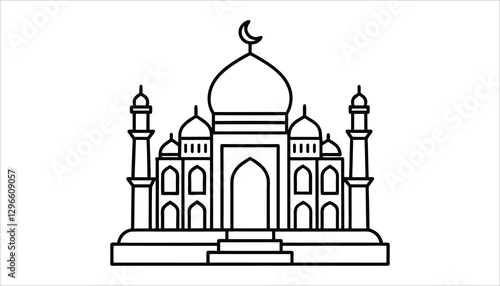 Islamic Mosque Outline Vector – Minimal Black and White Illustration of Muslim Architecture, Landmark, and Crescent Moon Design