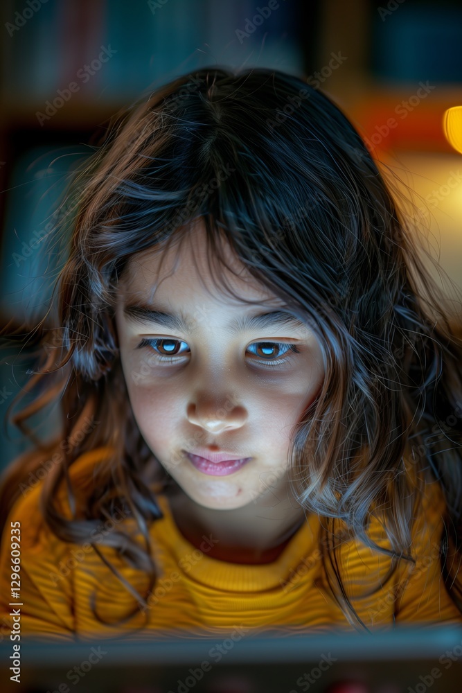A focused child engaged with a tablet screen in a dimly lit room. A focused child engaged with a tablet screen in a dimly lit room.