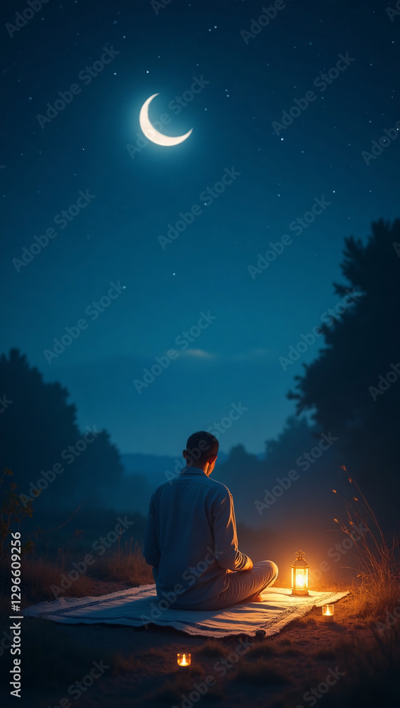 a serene and peaceful moment under the crescent moon. A person sits in quiet reflection, illuminated by a soft lantern, surrounded by nature's tranquility a serene and peaceful moment under the crescent moon. A person sits in quiet reflection, illuminated by a soft lantern, surrounded by nature's tranquility