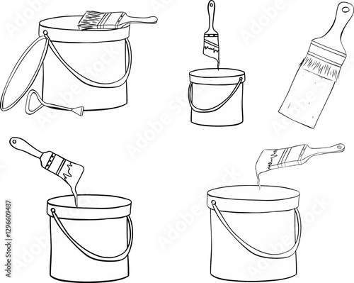 Painter tools composition set. Color cans with brushes and stroke. Graphic line ink illustration isolated on transparent background.