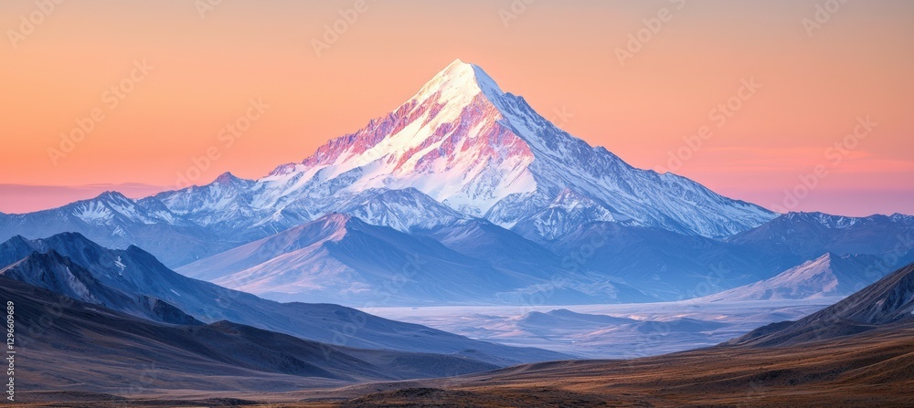 Fototapeta premium Majestic snowcapped mountain against a vibrant sunset sky