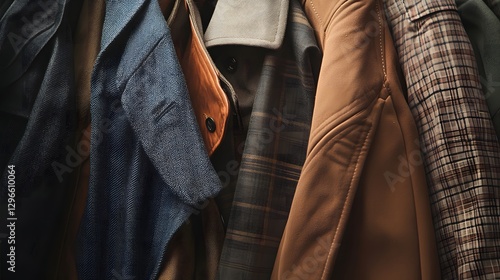 A close-up of layered outerwear such as trench coat showcasing various textures colors and styles on display in a fashionable environment