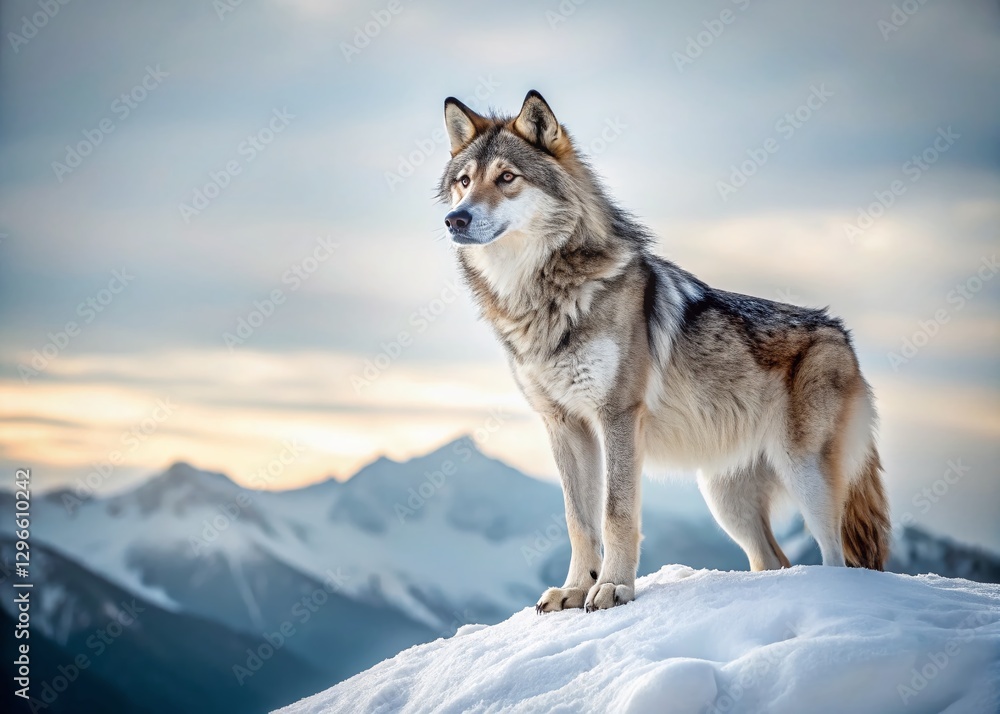 Fototapeta premium Majestic Gray Wolf on Mountain Peak - Isolated Stock Photo