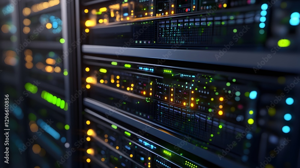 Close-up of servers with blinking lights managing i in a data center showcasing technology and connectivity Close-up of servers with blinking lights managing i in a data center showcasing technology and connectivity