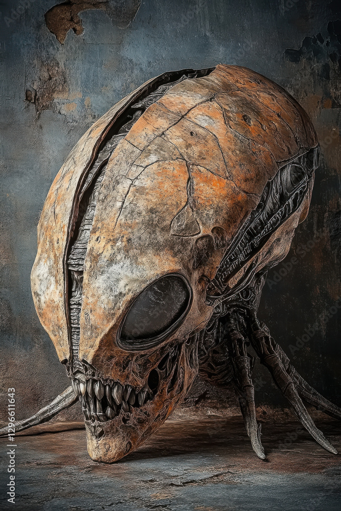 Ancient alien skull sculpture with cracked surface and tentacle-like appendages in a dimly lit room