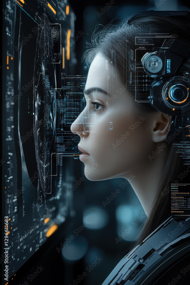 Futuristic technology concept with woman engaged in virtual reality interface