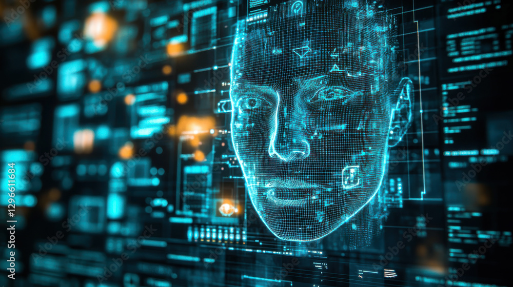 Futuristic digital interface with abstract human face and technology elements in blue light